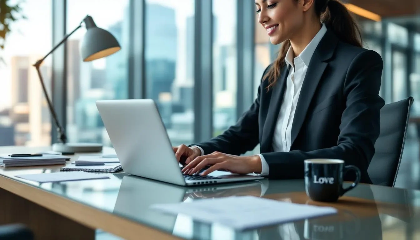 The image shows a professional person focused on typing on a laptop in a modern office environment, with a coffee cup placed nearby. This scene reflects a typical day for job seekers preparing for interviews, highlighting the importance of skills and company culture in the hiring process.